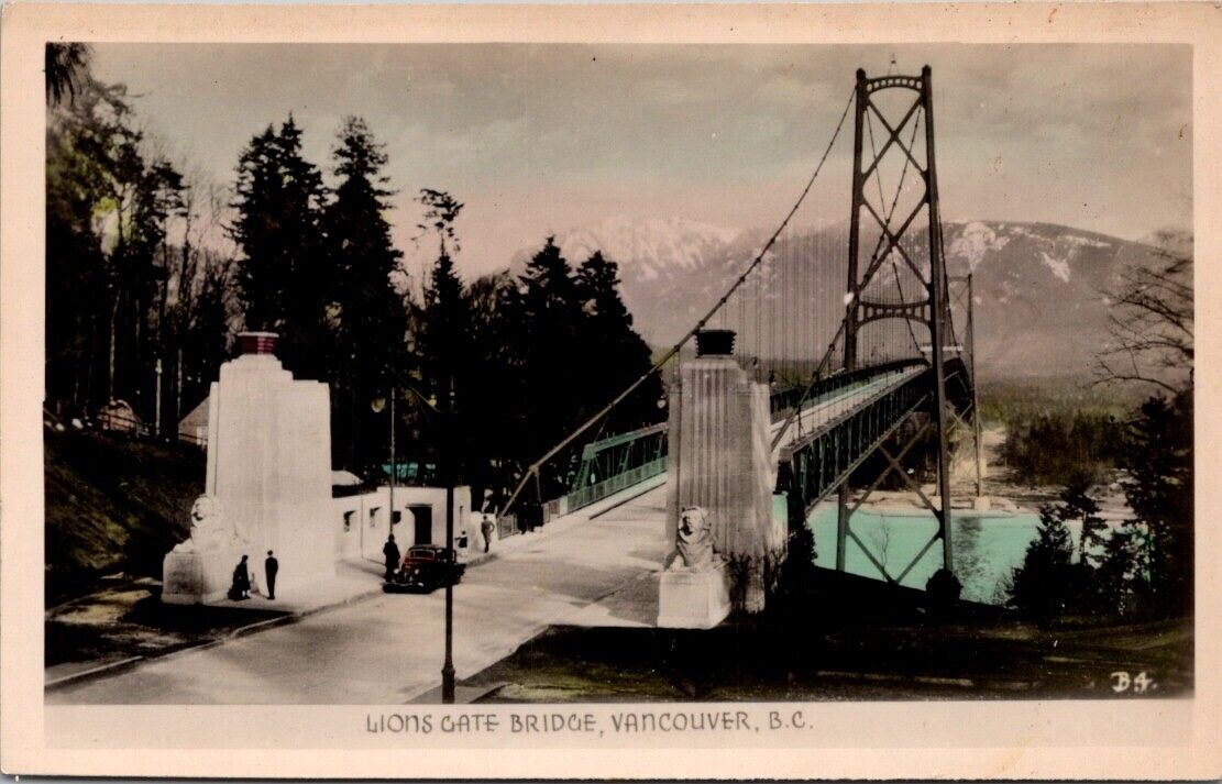 Vancouver BC Canada RPPC Photo Postcard Lions Gate Bridge Car People Unposted