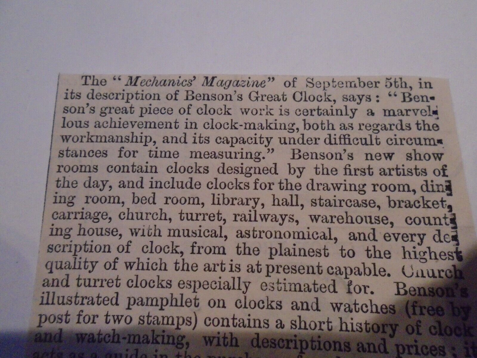 BENSON CLOCK MAKERS   ABSTRACT cutting  6/6 cm  1863 ORIGINAL