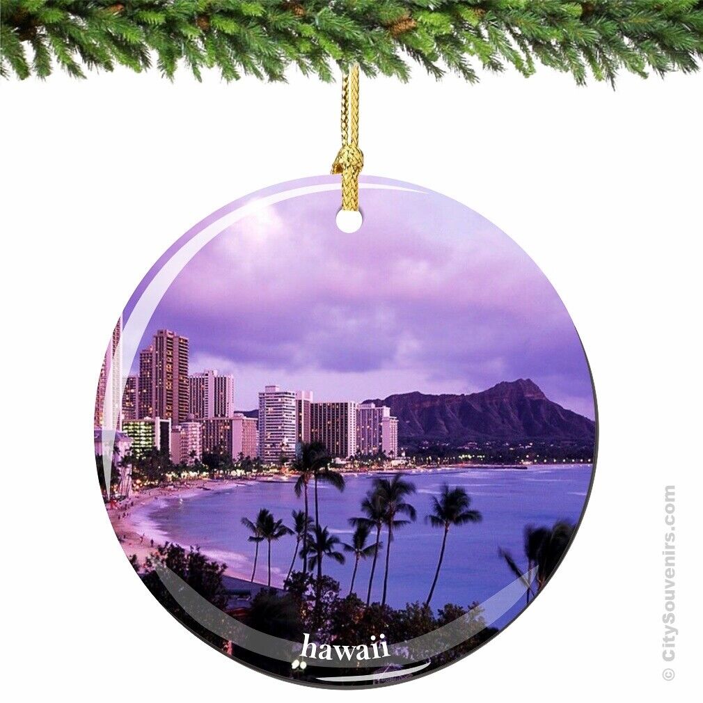 Waikiki Hawaii Landmark Porcelain Ornament - US Island Skyline Christmas Gift
