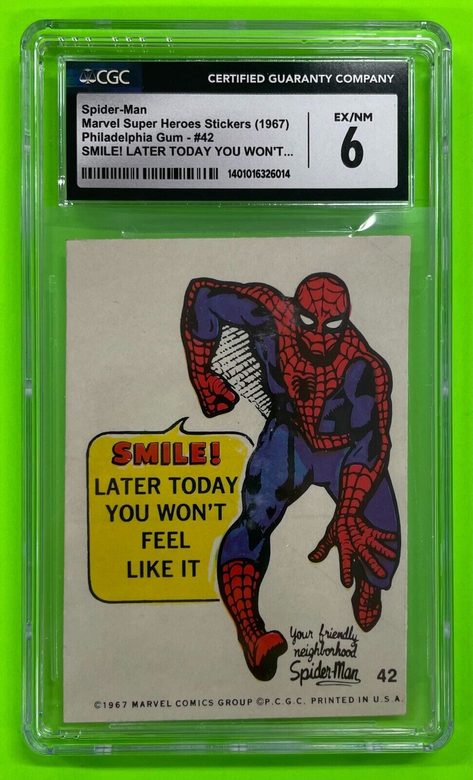 1967 Philadelphia Marvel Super Hero Sticker #42 Spider-Man Card CGC 6