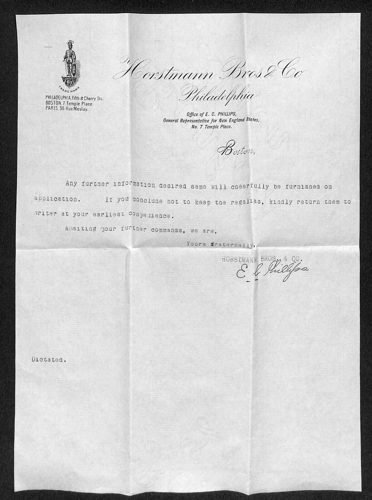 Boston 1891 Horstmann Bros. /  E.C. Phillips Banners Regalias 2 Letterheads VGC