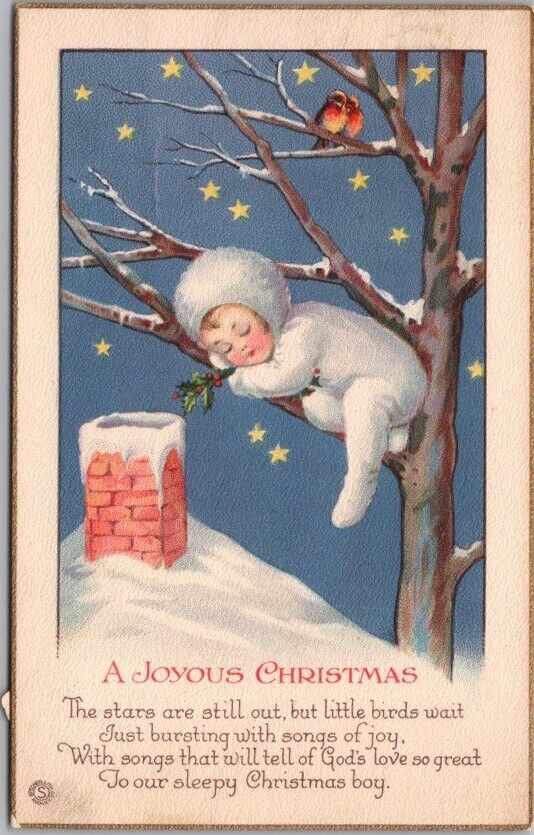 Vintage CHRISTMAS Embossed Greetings Postcard Girl Sleeping in Tree STECHER