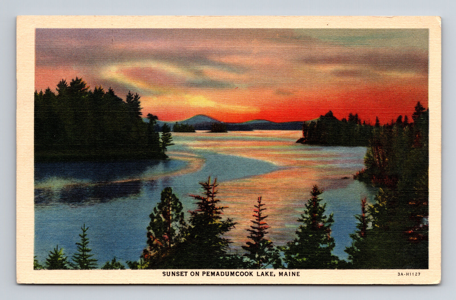 c1933 Linen Postcard Pemadumcook Lake MA Massachusetts Sunset on the Lake
