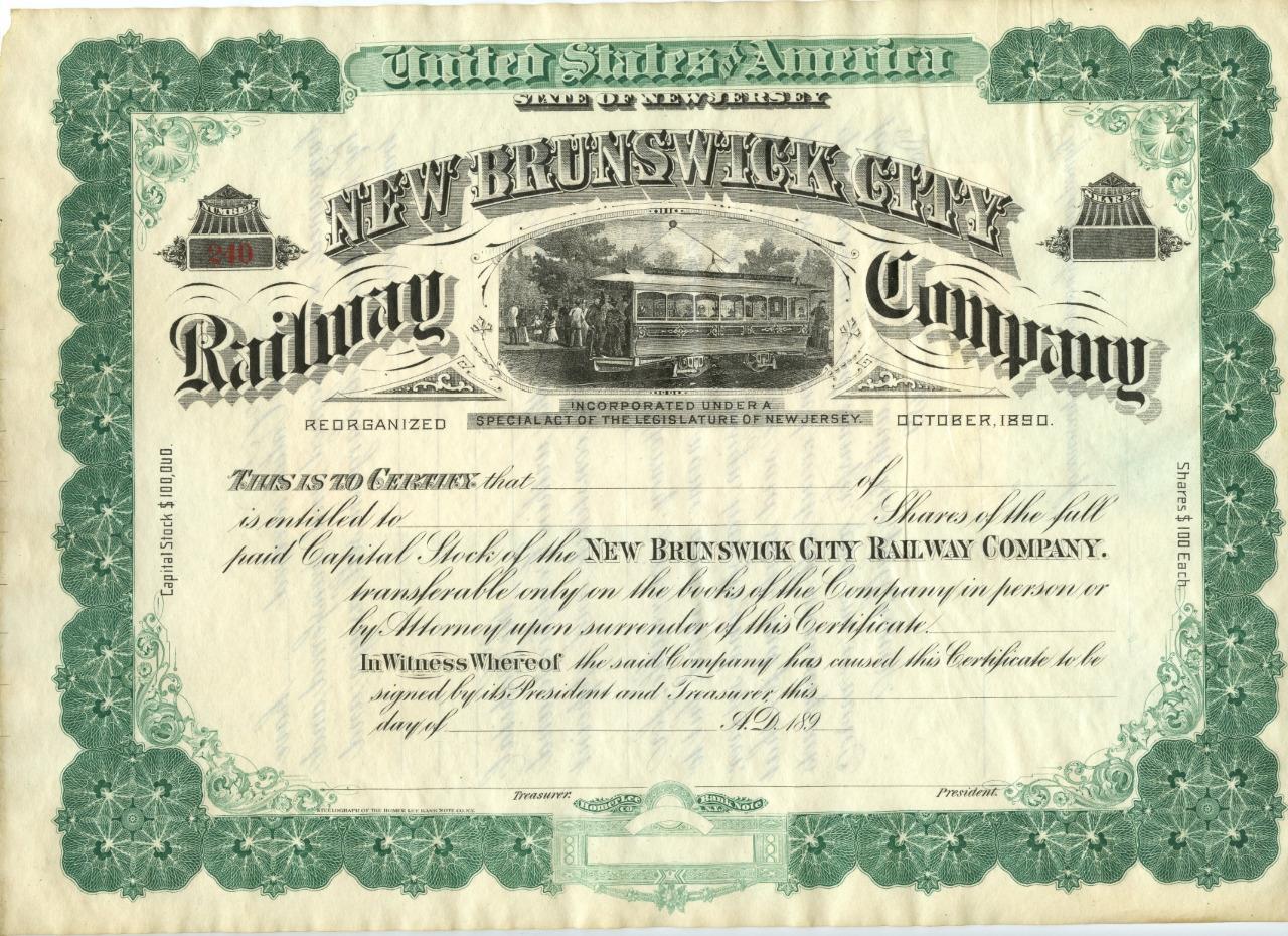 1890s New Brunswick City New Jersey Railway Stock Certificate Unissued Railroad