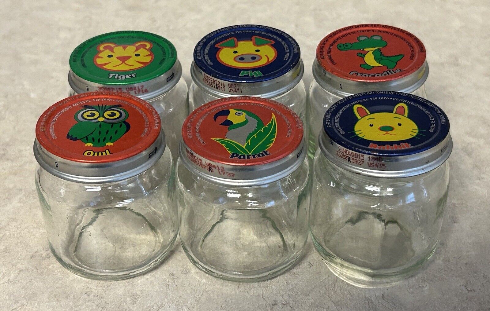 Gerber Baby Food Jars - Glass - 4.5 Oz. - Animal Lids - Lot Of 6 - Vintage