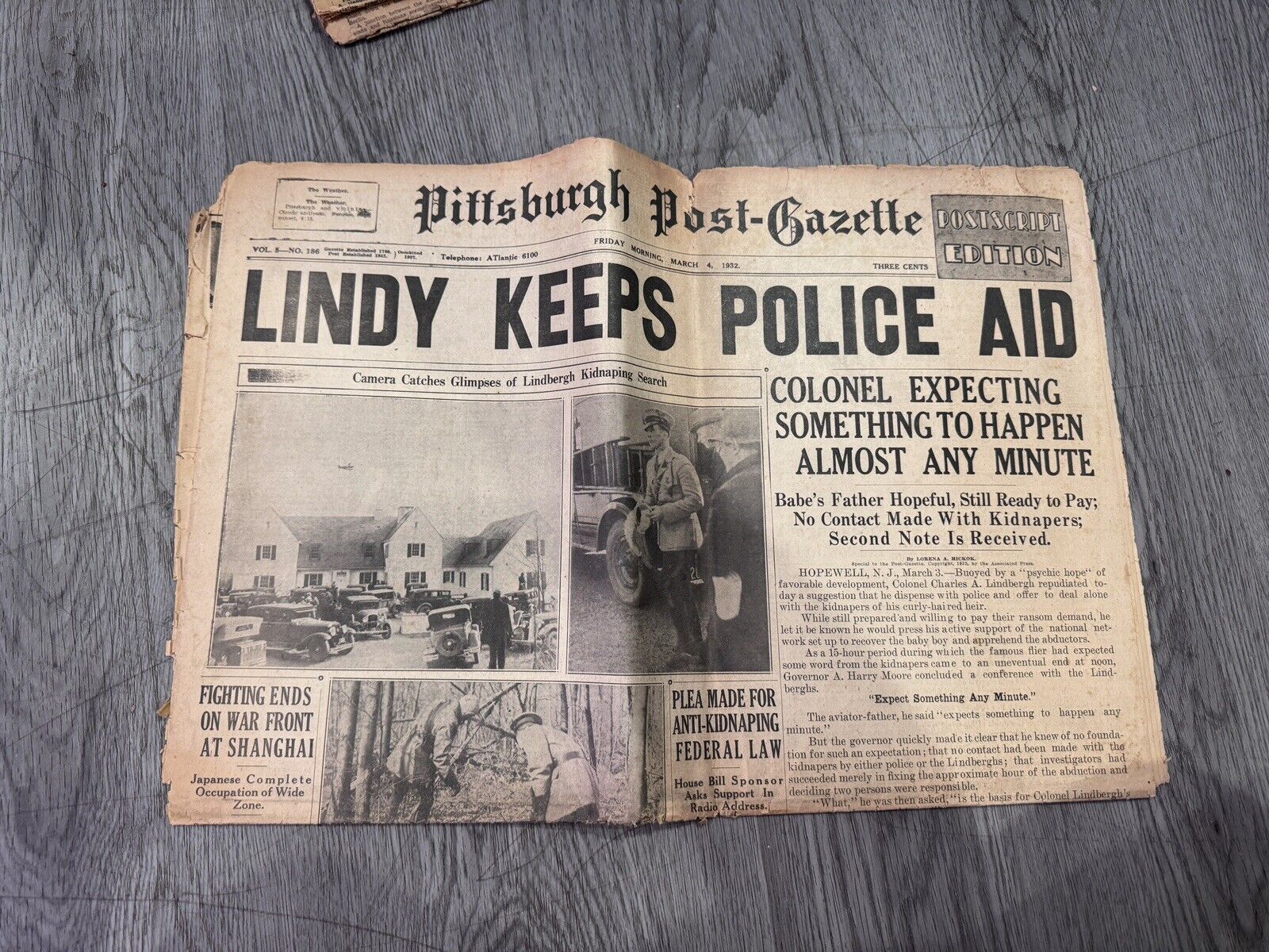 Pittsburgh Post-Gazette Lindy Keeps Police Aid March 4th 1932
