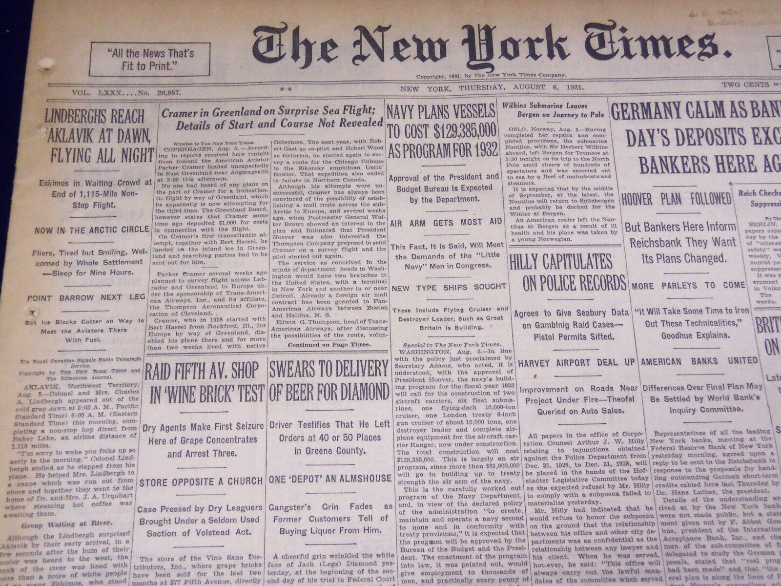 1931 AUGUST 6 NEW YORK TIMES - LINDBERGH'S REACH AKLAVIK - NT 3928