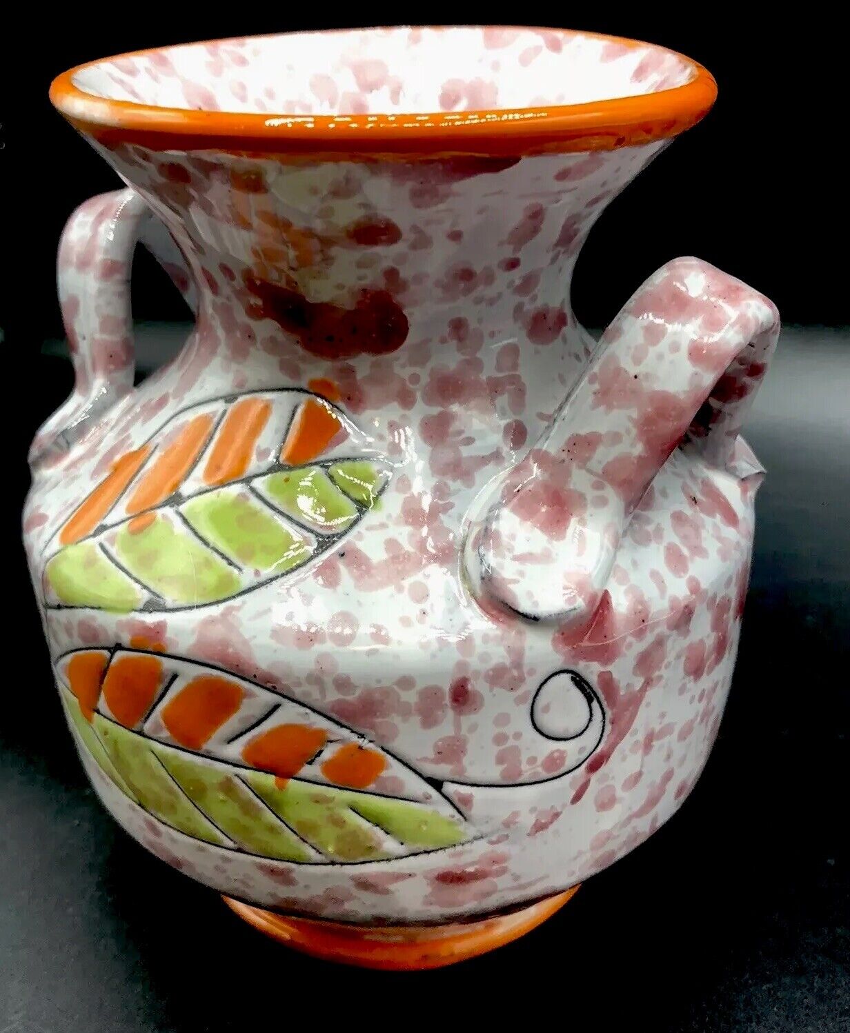Vintage Handled Made In Italy Orange Splatter Artisan Pottery Vase MCM Nice