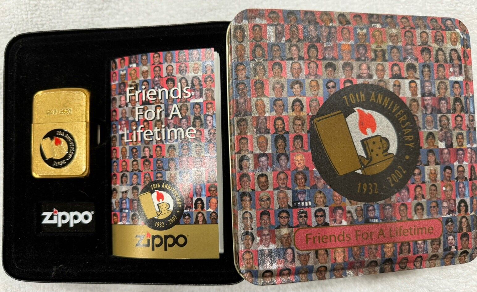 Vintage 2002 Friends For A Lifetime 70th Anniversary Brass Zippo Lighter In Tin