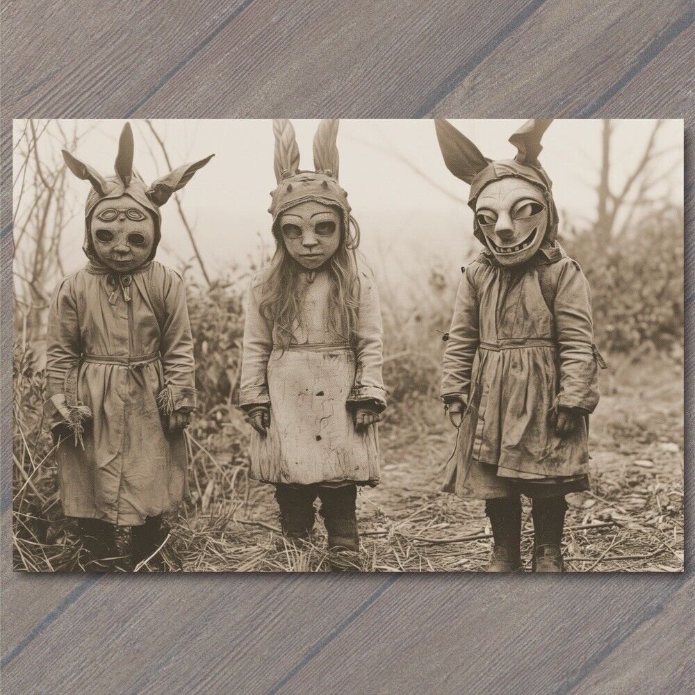 POSTCARD Weird Creepy Vibe Kids Girls Masks Hoods Halloween Unusual Strange Cult