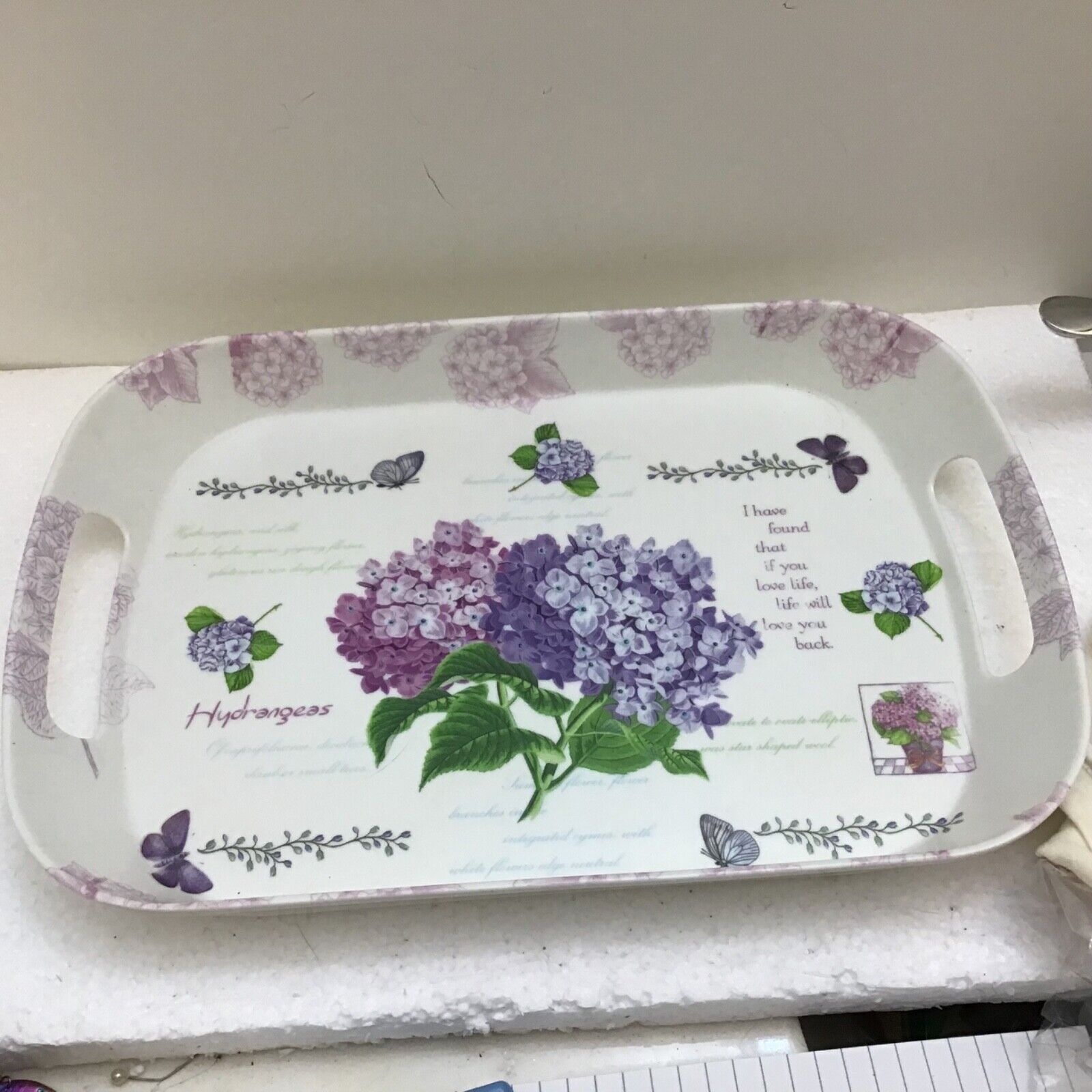 Vtg Serving Tray Purple Hydrangea Print Indoor/outdoor Home Accents Kitchen Deco
