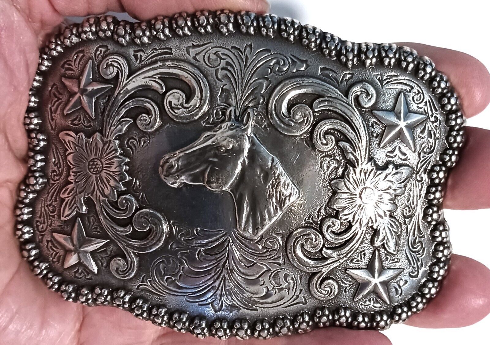 Silver tone Horse Head with Stars Western belt buckle, Nocona