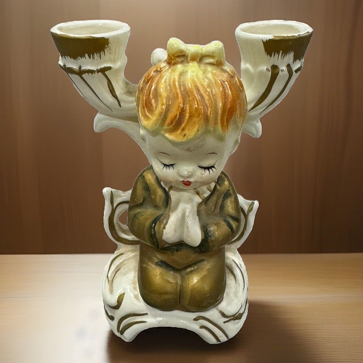 Vintage Ceramic Praying Girl Dual Candle Holder - Vintage Candle Holder - Japan