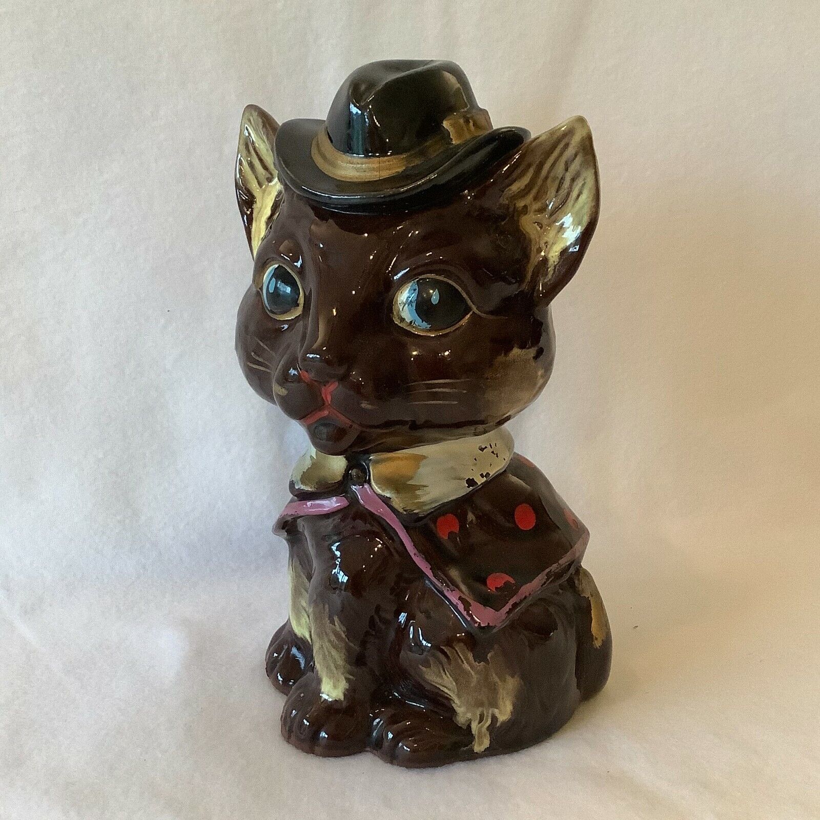 Redware Large Clay VINTAGE Cat Bank with Original Stopper Collectible Banks MCM