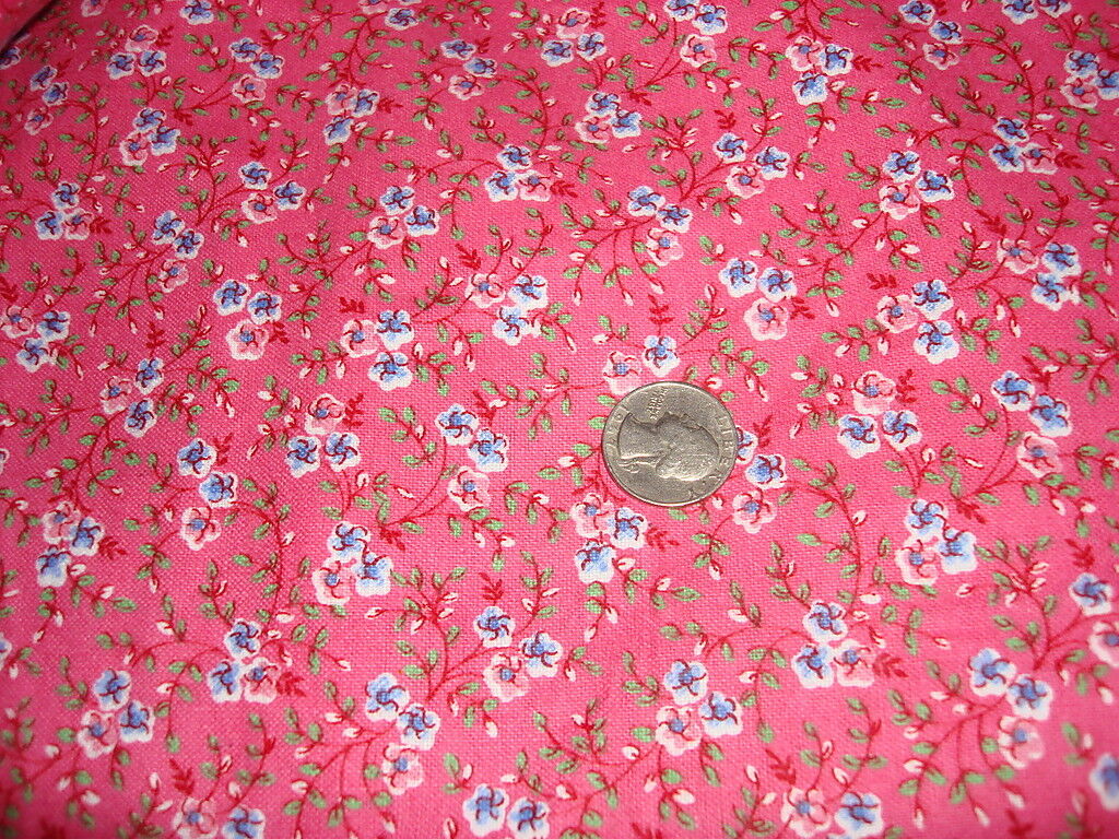 Almost 4Yds Cotton Flannel Fabric PINK, BLUE FLORAL VINES ON DARK PINK 45\