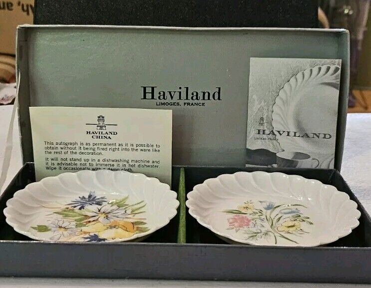 Vintage Signed Limoges France Haviland Set of 2 Bone China Floral Dishes  4.25
