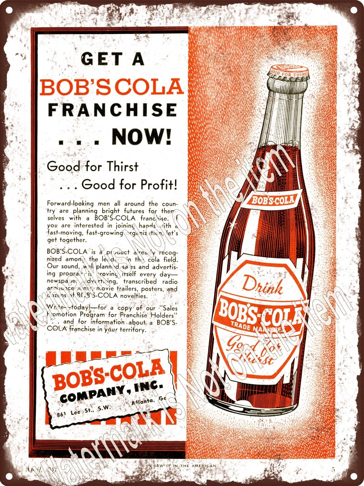 1947 Bob's Cola Bottle Good for Thirst Soda Metal Sign 9x12