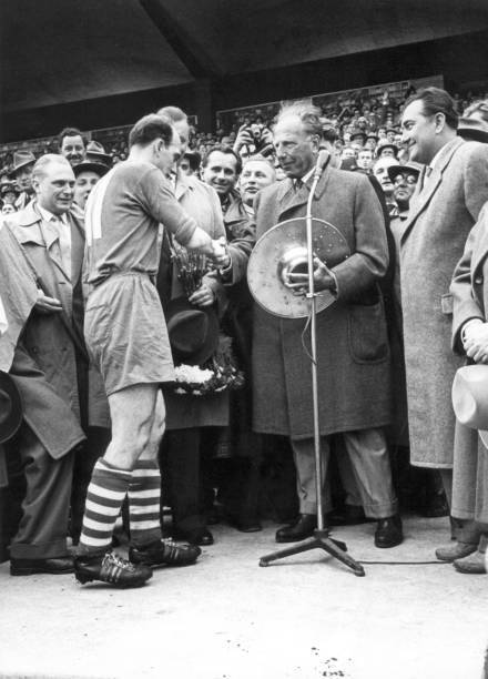 Schalke captain Berni Klodt receives congratulations champions- 1958 Old Photo