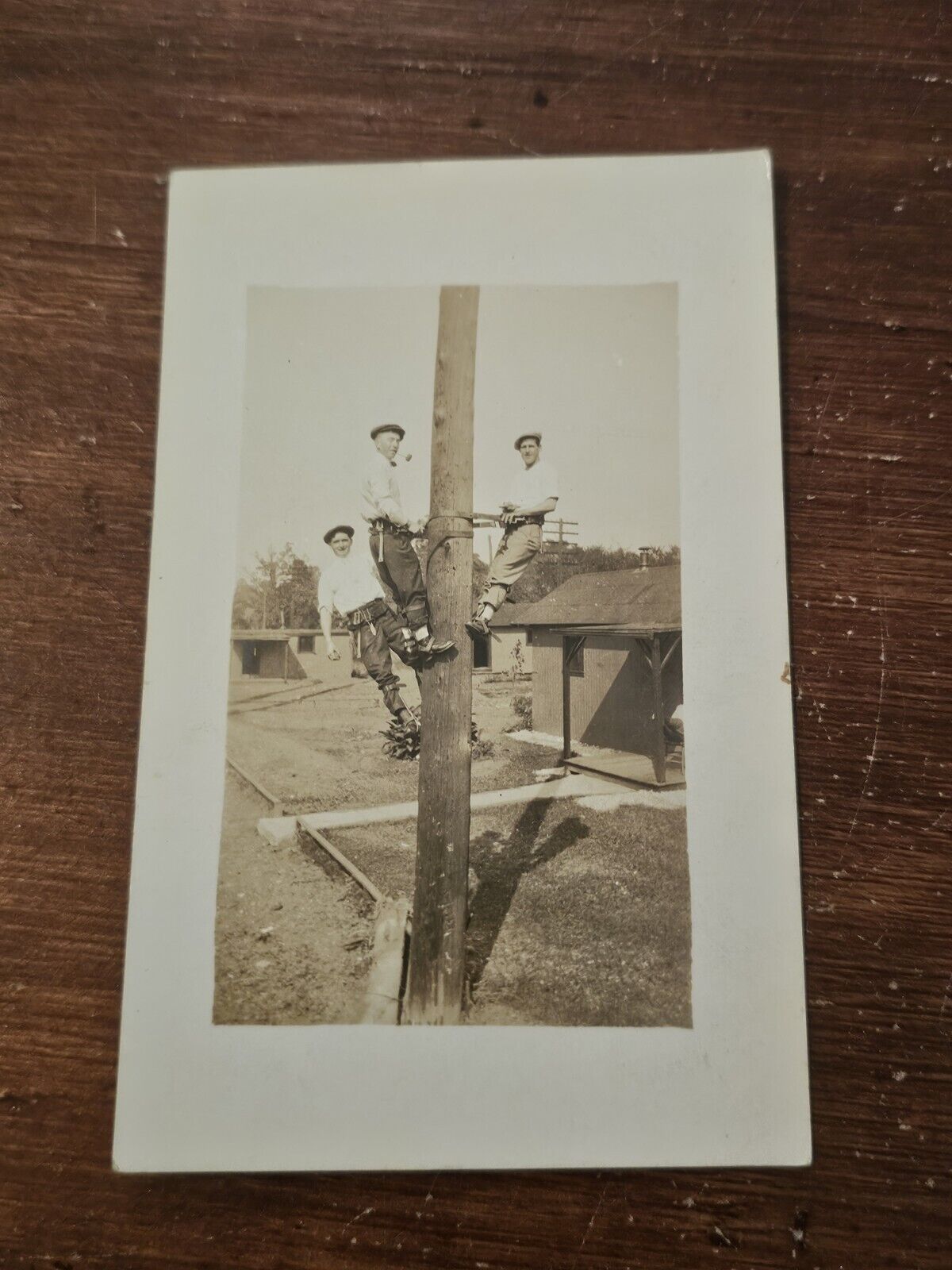Antique Real Photo Postcard RPPC 3 Workers On A Telephone Pole Lineman Laborers
