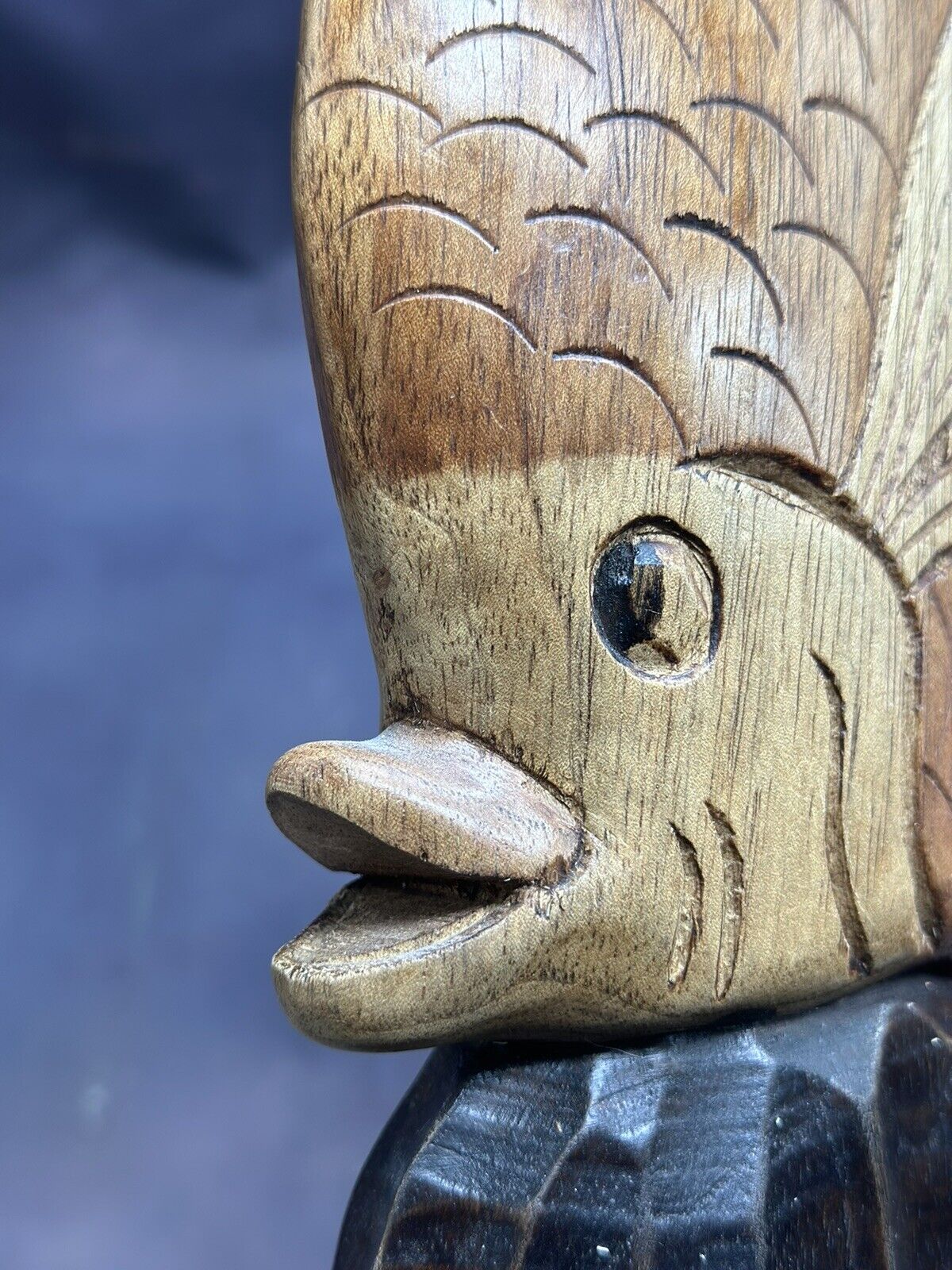 Vintage Wood Carved Fish Sculpture Highly Detailed Handmade Shelf Sitter