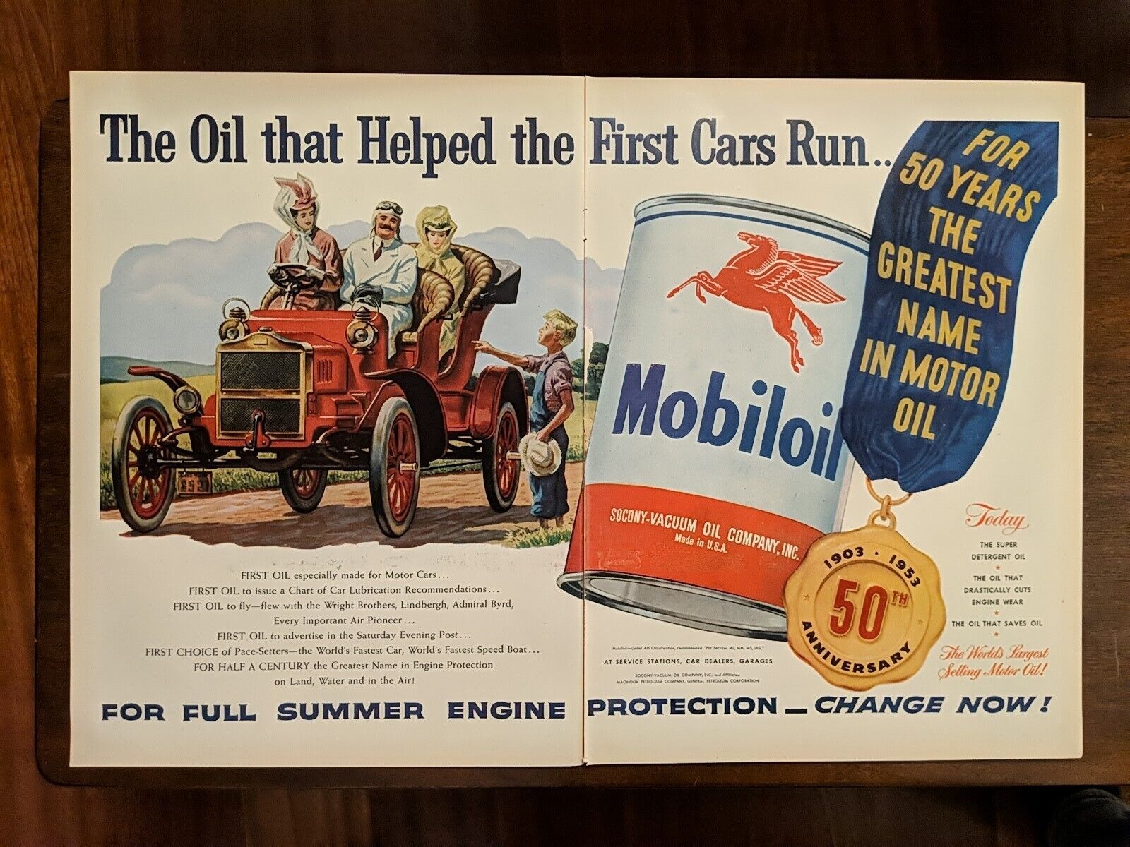1953 Mobil Oil 50th Anniversary Print Ad, Vintage Vehicle Pictured Retro Ad