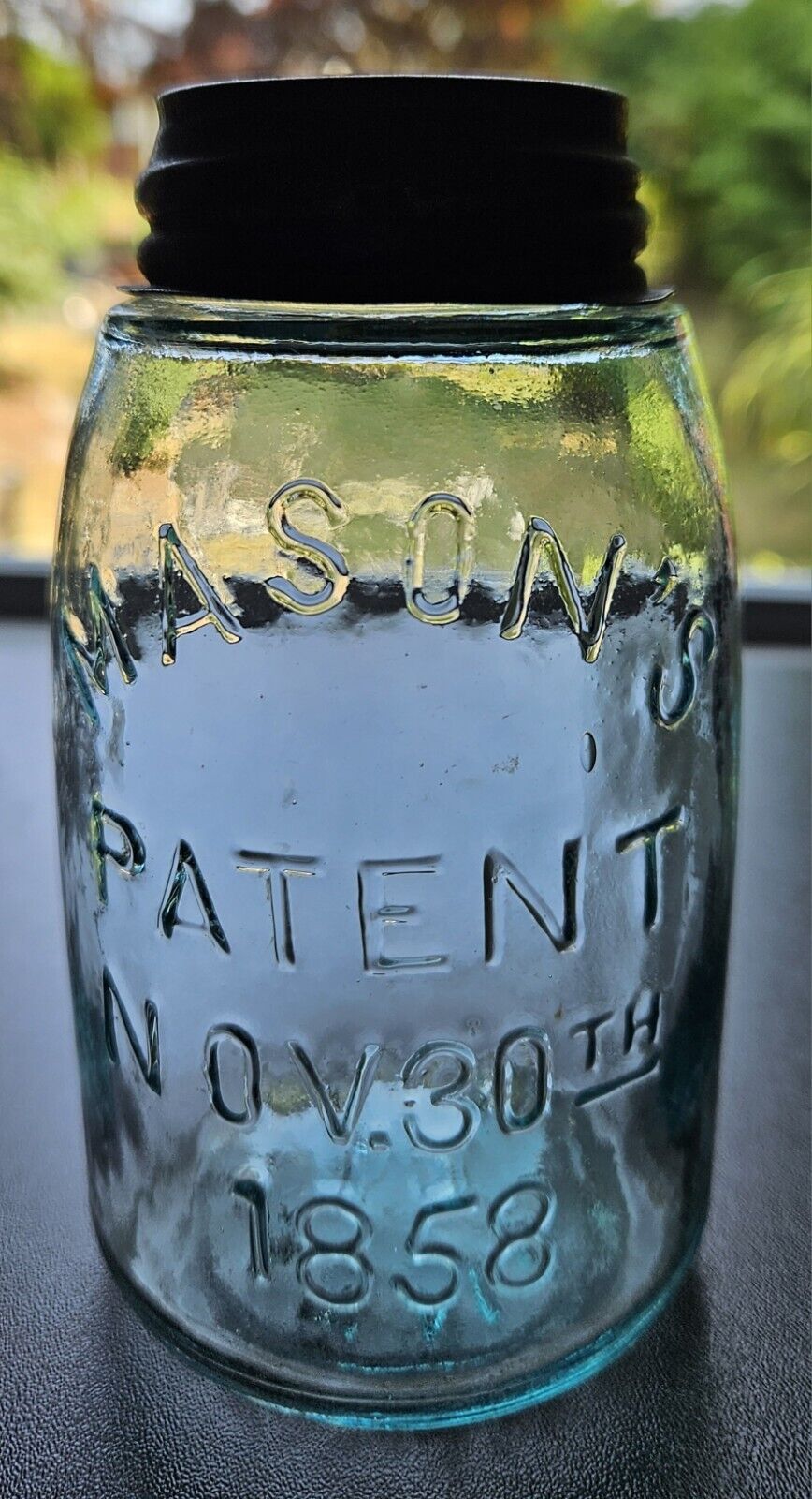 Vintage Mason's 1858 PINT Lt. Green Beehive Small Mouth Fruit Jar W/ Lid