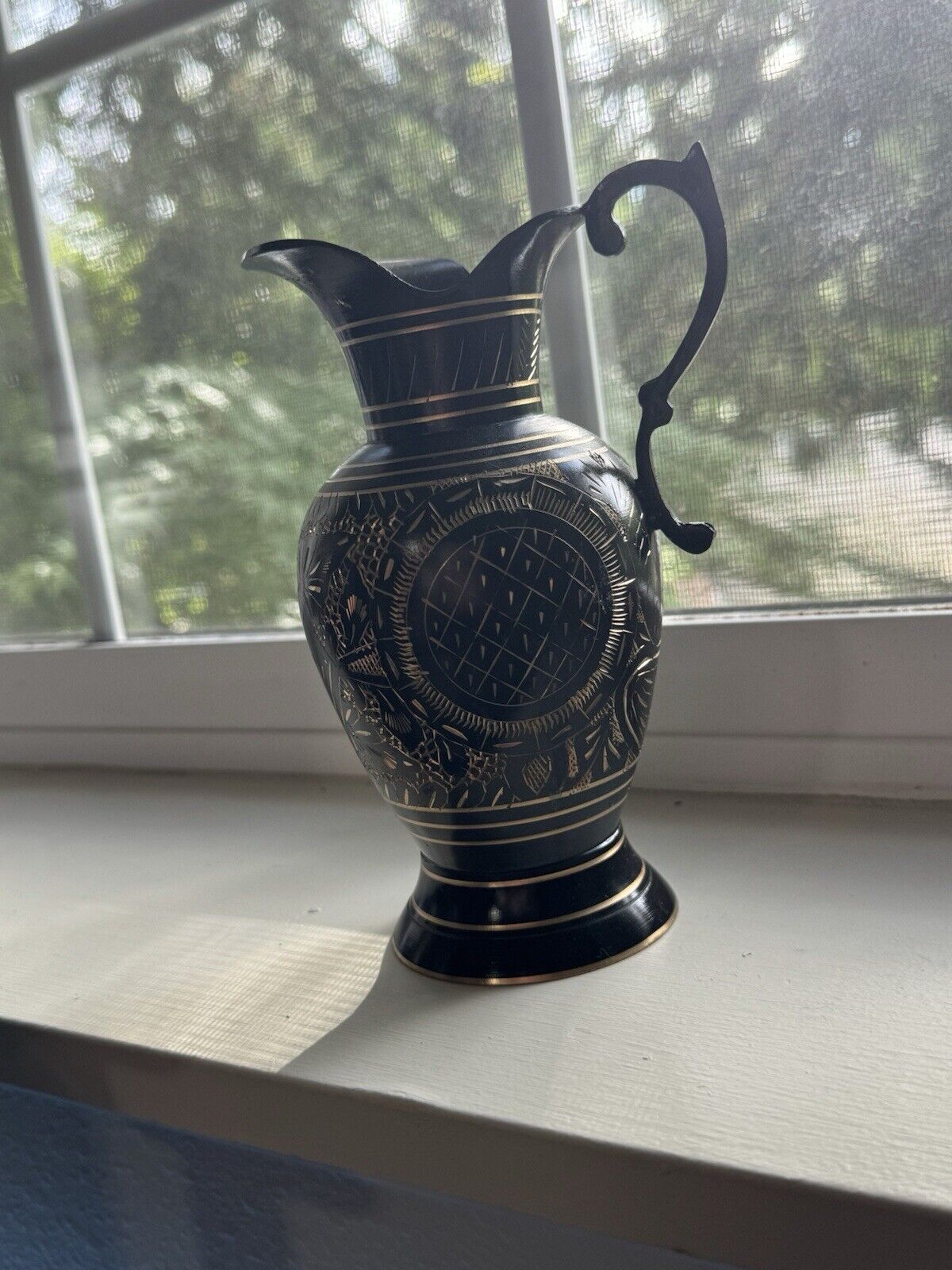 1970s Black Metal With Gold Details Pitcher