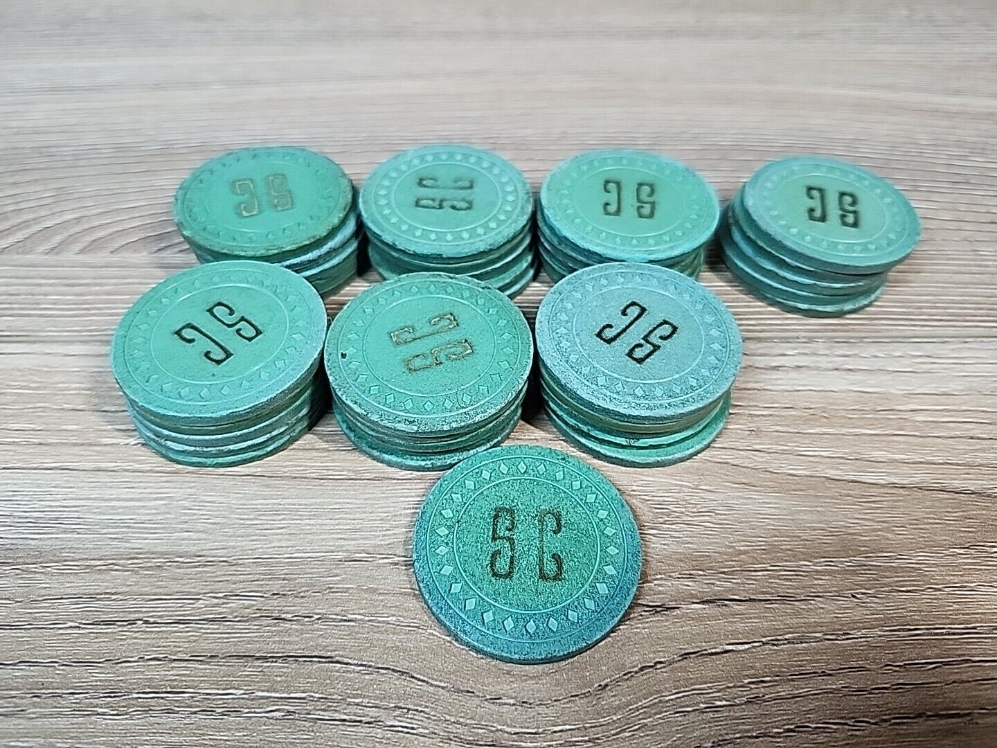 Vintage ILLEGAL SC UNKNOWN Green Diamond Stamped 35 POKER CHIPS Jack Todd Co