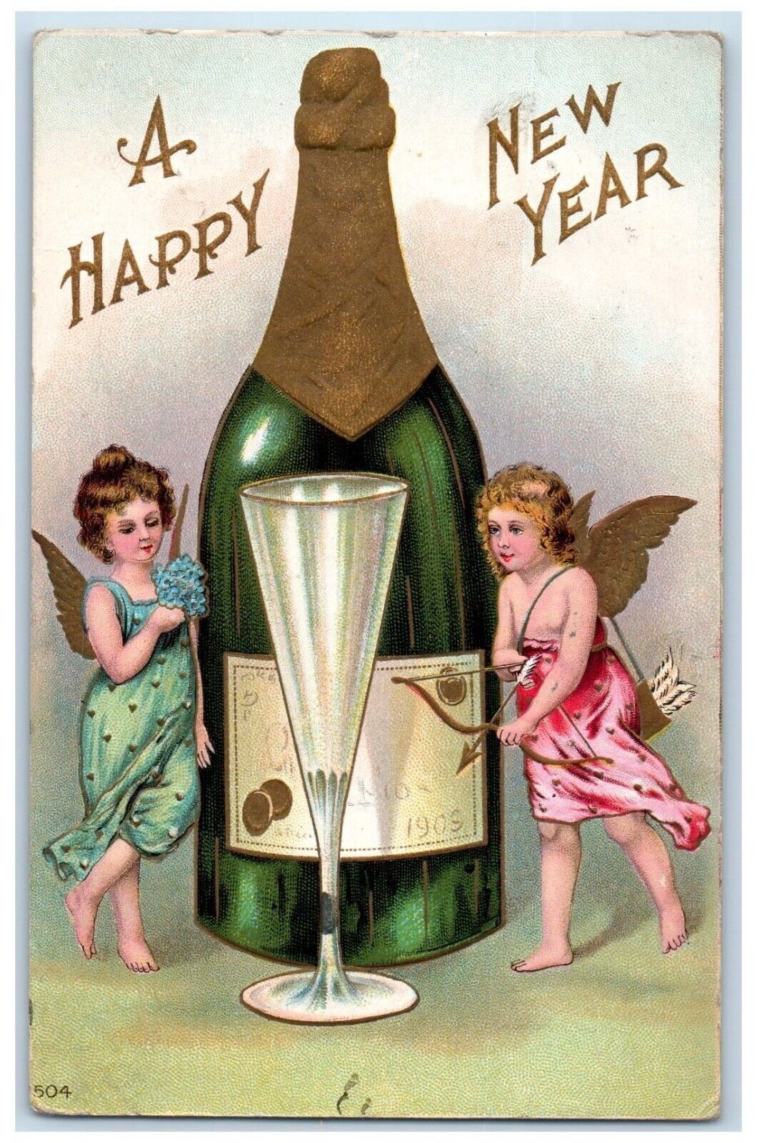 1911 New Year Angels Cherub Champagne Wine Glass Bow Arrow Pansies Postcard