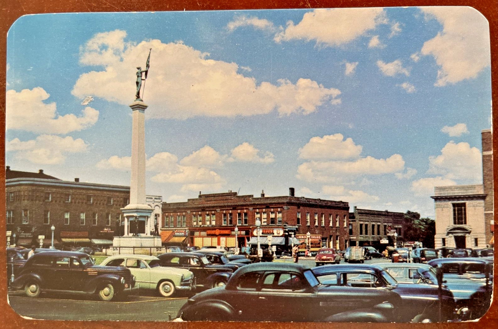 Angola IN, City Square Monument, Bank Classic Cars Chrome Indiana c1953 Postcard