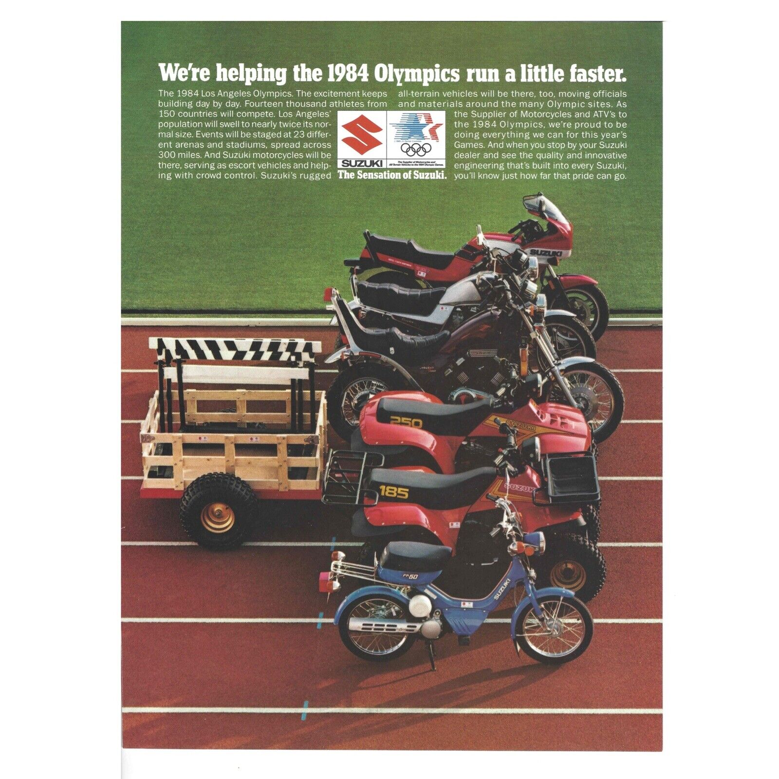 Suzuki Motorcycle ATV Print Ad Vintage 1984 80s 8.25x11” Retro LA Olympics
