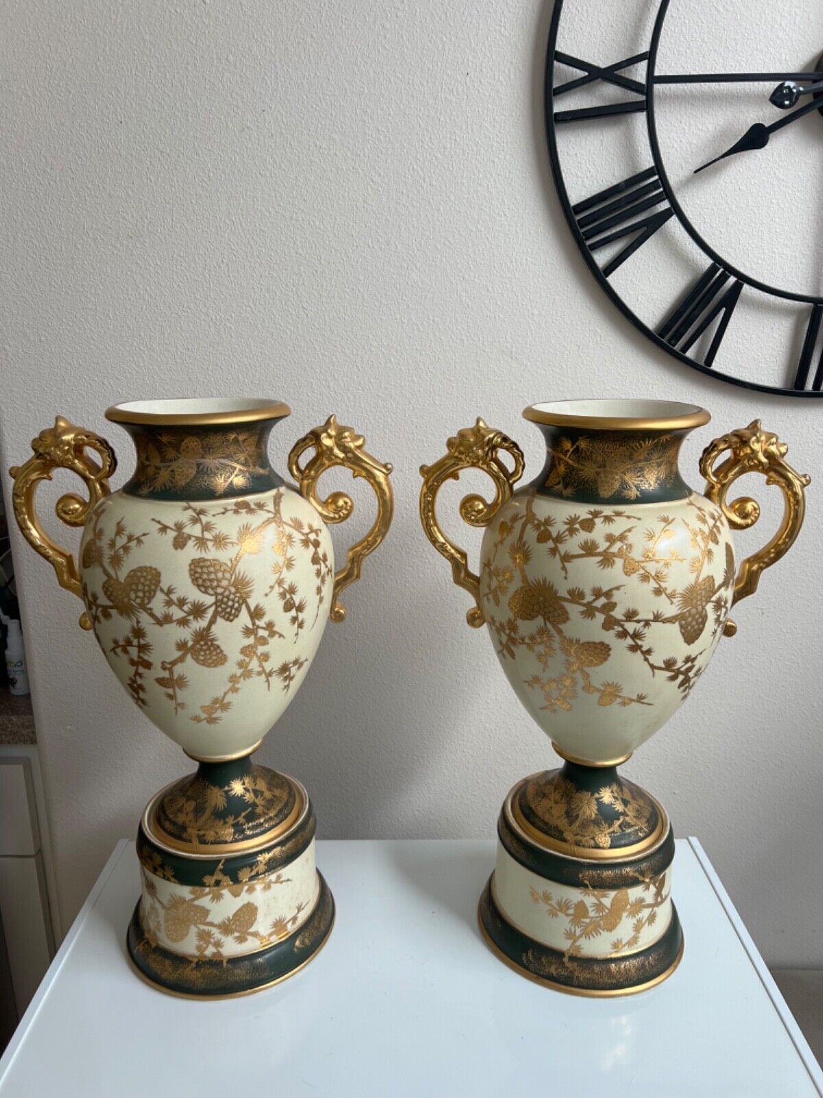 Large French Pair of Porcelain Antique Vases with gold color accents