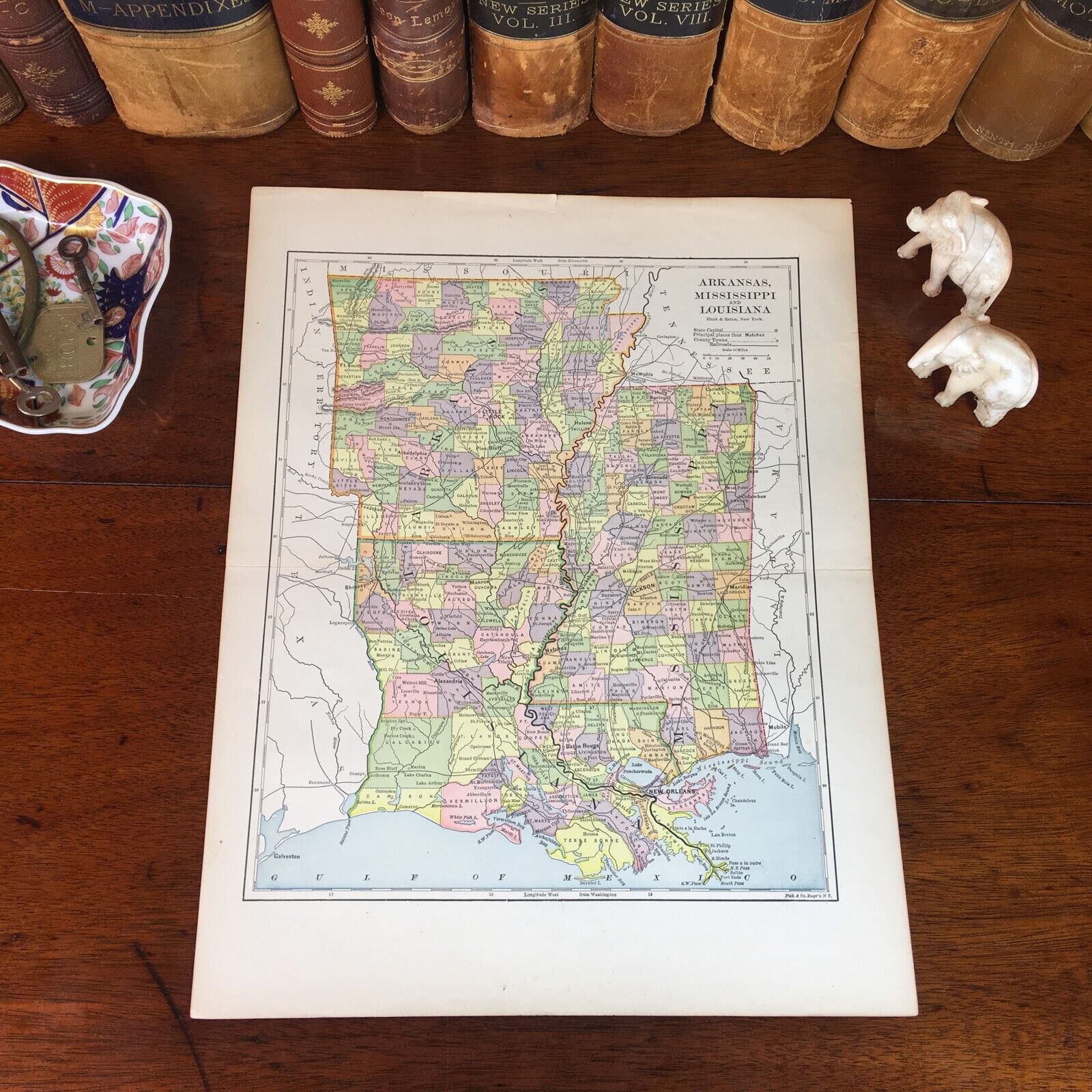 Original 1890 Antique Map LOUISIANA ARKANSAS MISSSISSIPPI Baton Rouge Vicksburg