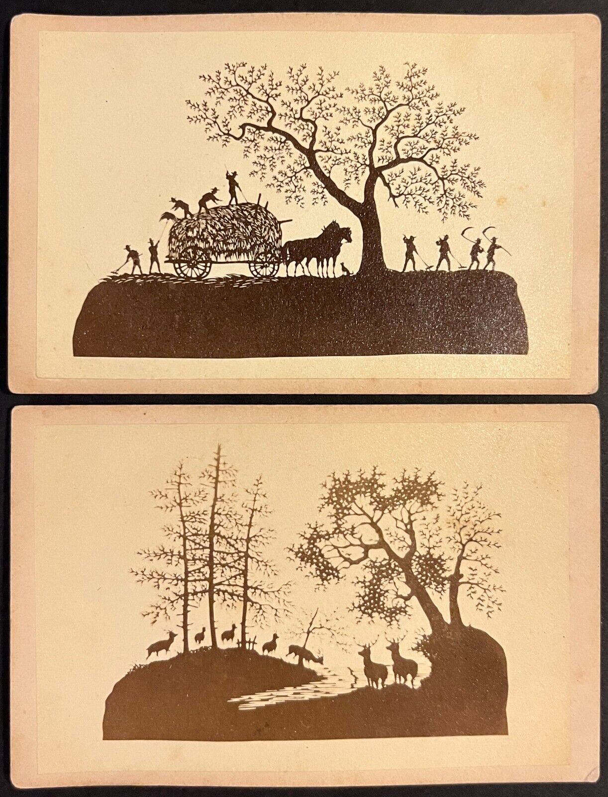1860s FOLK ART CUT PAPER SILHOUETTES 2 CDV PHOTOGRAPHS RARE SUBJECT FARMING DEER