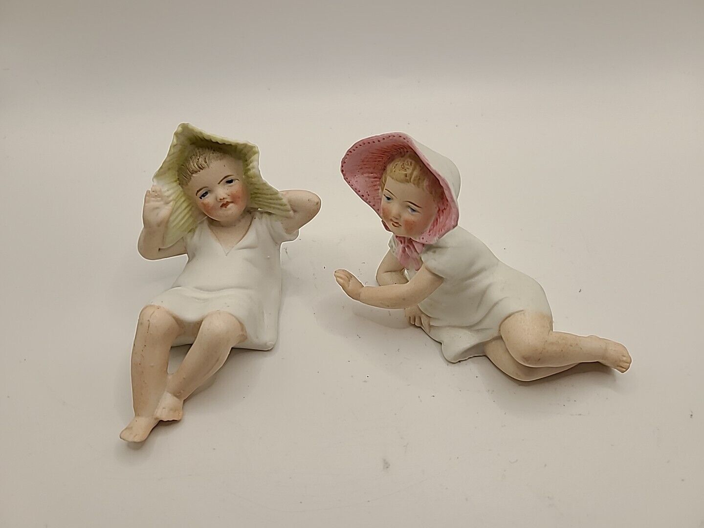 Set Of 2 Vintage Bisque Piano Baby Girl In Chartreuse and Yellow Hat 368 & 369