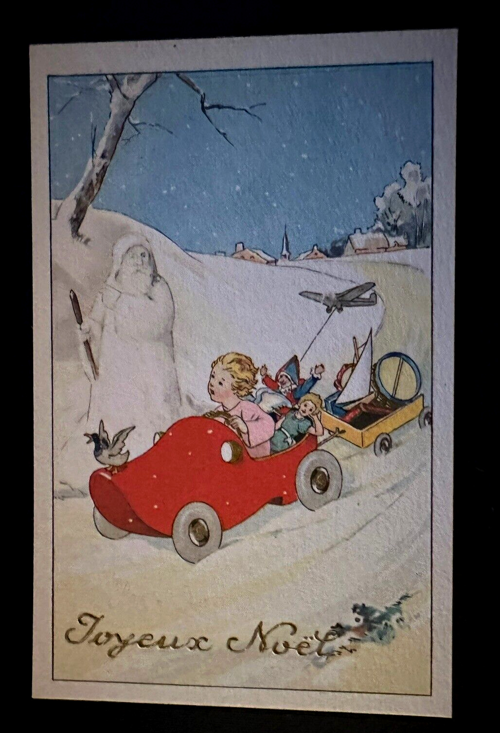 Fantasy Snowman Santa Claus w.Child in Dutch Shoe Auto~French Xmas Postcard~k387