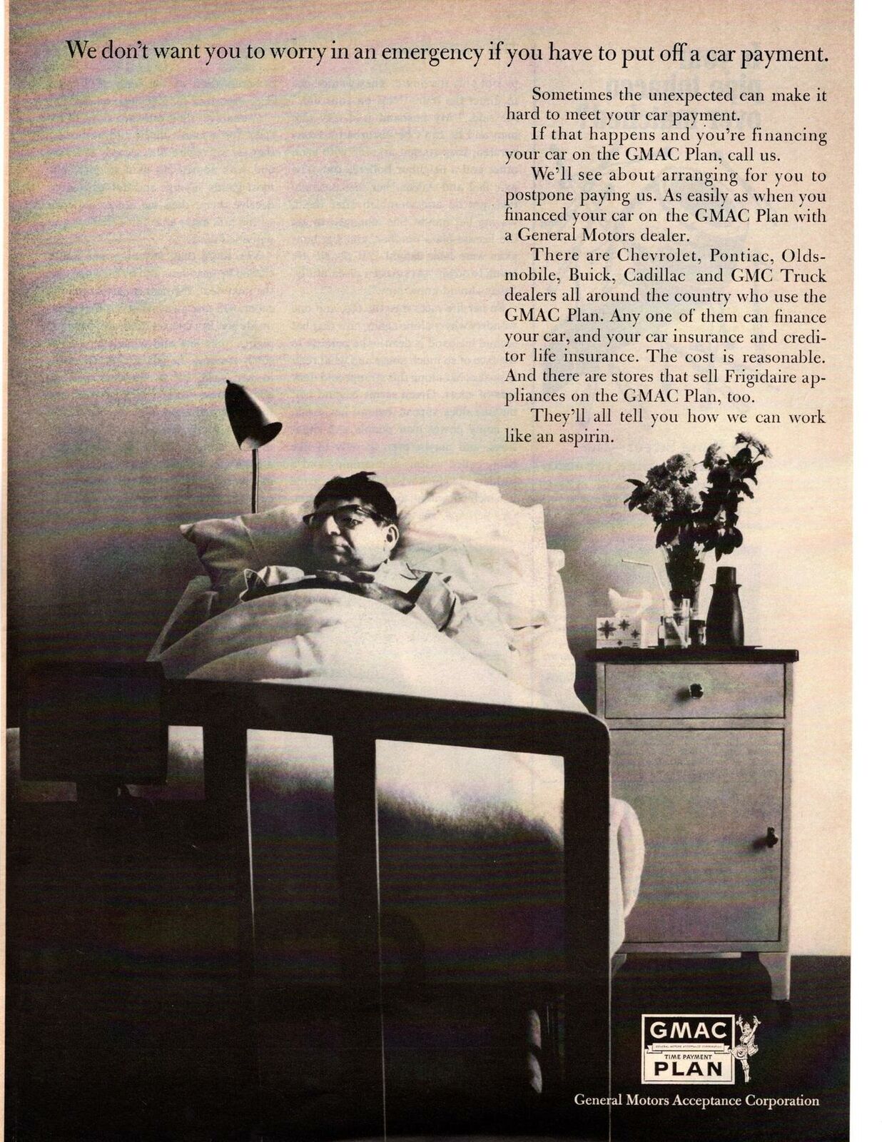 1967 GMAC Plan Financing Car Payment Sick In Bed Cold Tissues Flowers Print Ad