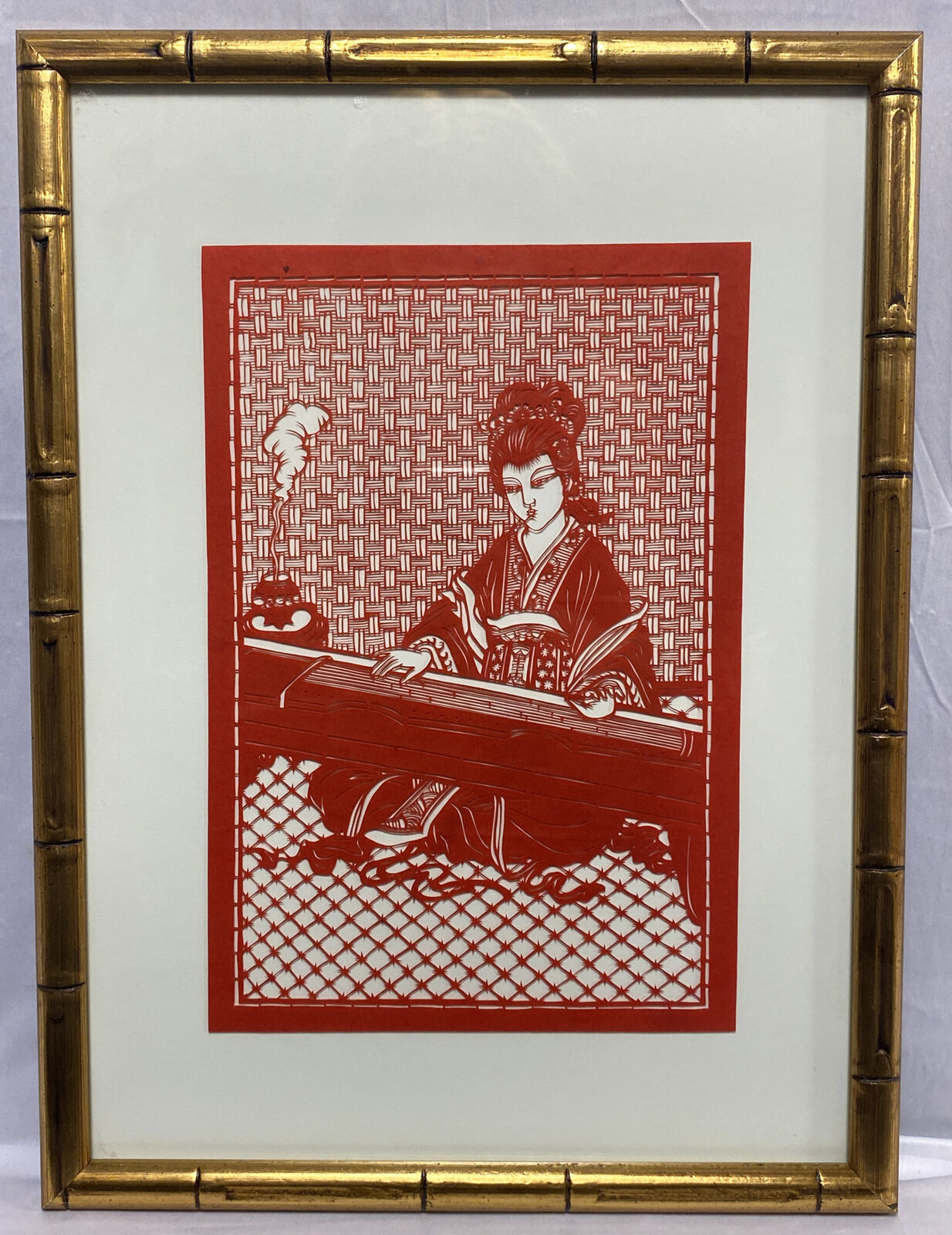 Vintage Japanese Folk Art Cut Paper Kirie Kirigami Lady Playing Koto Gold Bamboo