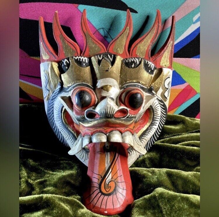Vintage Wooden Mask | Hand Carved Indonesia Mythology Wall Hanging RANGDA