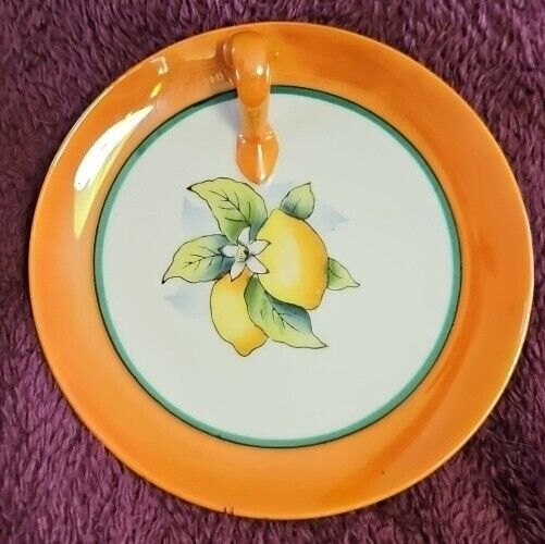 Vintage Noritake Hand Painted Small plate w/ Finger Hold - Lemons w/ Orange Edge