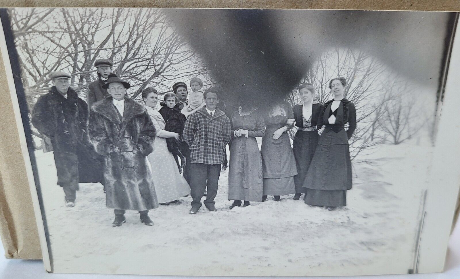 Vintage Real Photo Postcard Umailed Men and Women Winter Scene Fur Coats