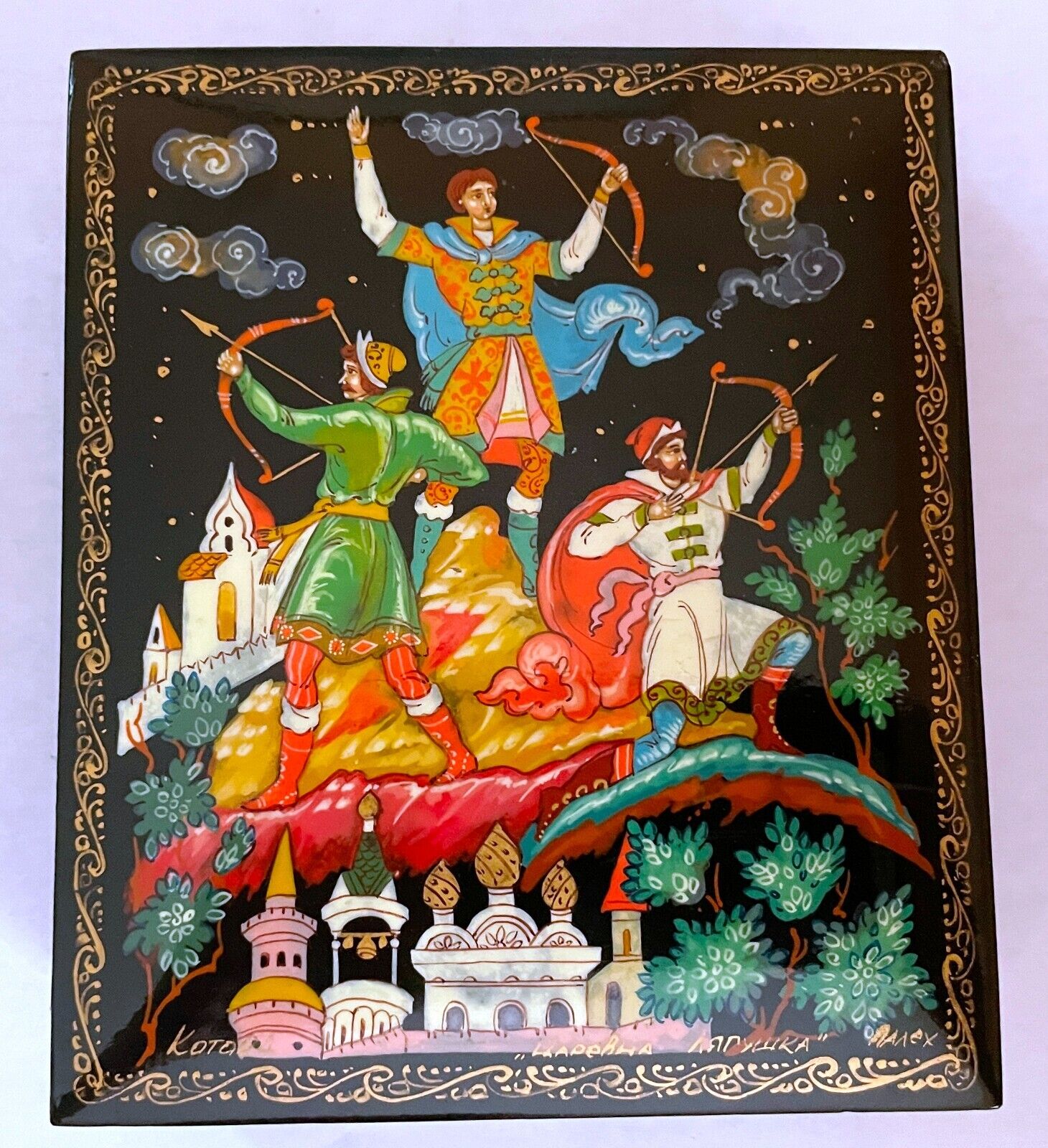 Vintage Russian Lacquer Box Palekh Three Brothers