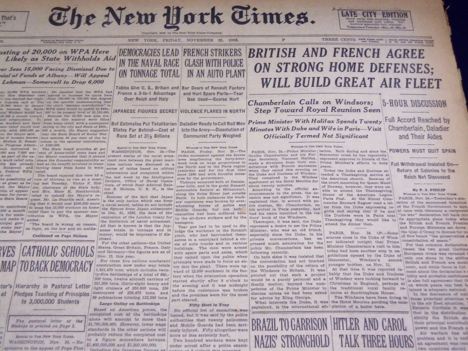 1938 NOV 25 NEW YORK TIMES - BRITISH & FRENCH AGREE ON STRONG DEFENSES - NT 2403