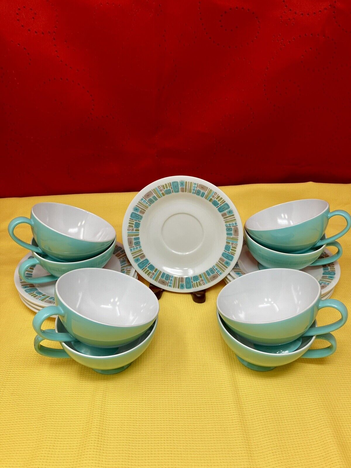 Vintage Texas Ware Turquoise Melmac Atomic Cup And Saucers Retro 8 piece