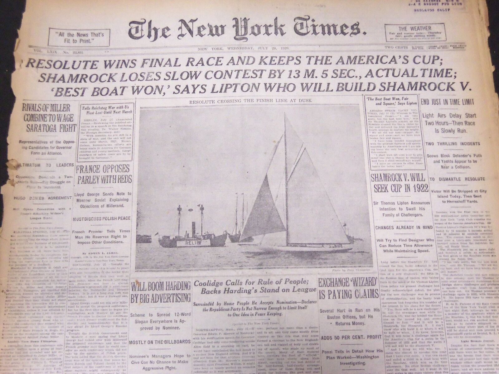 1920 JULY 28 NEW YORK TIMES - RESOLUTE WINS FINAL RACE AND KEEPS CUP - NT 5366