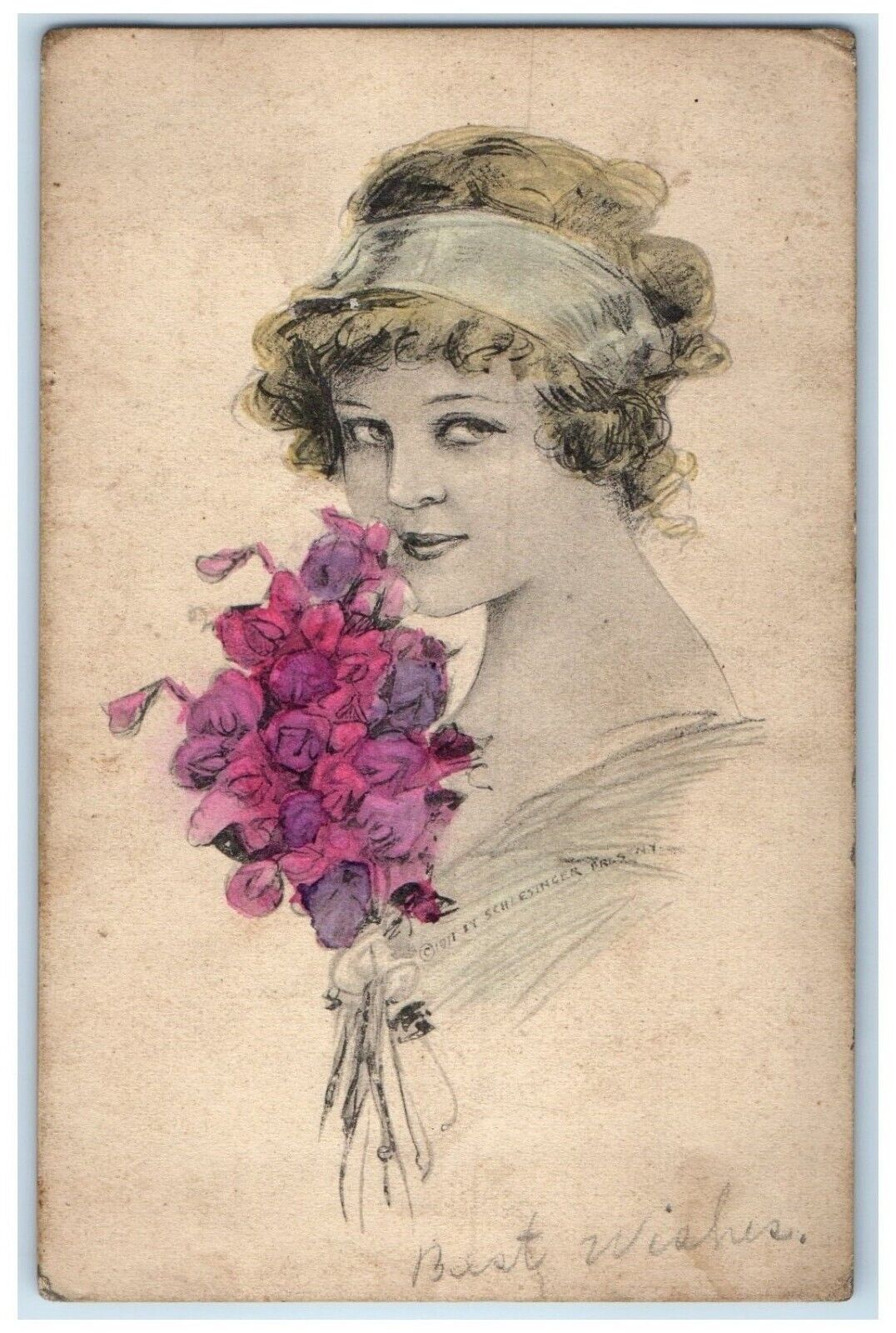 c1910's Pretty Woman Curly Hair With Flowers Hillside Pennsylvania PA Postcard