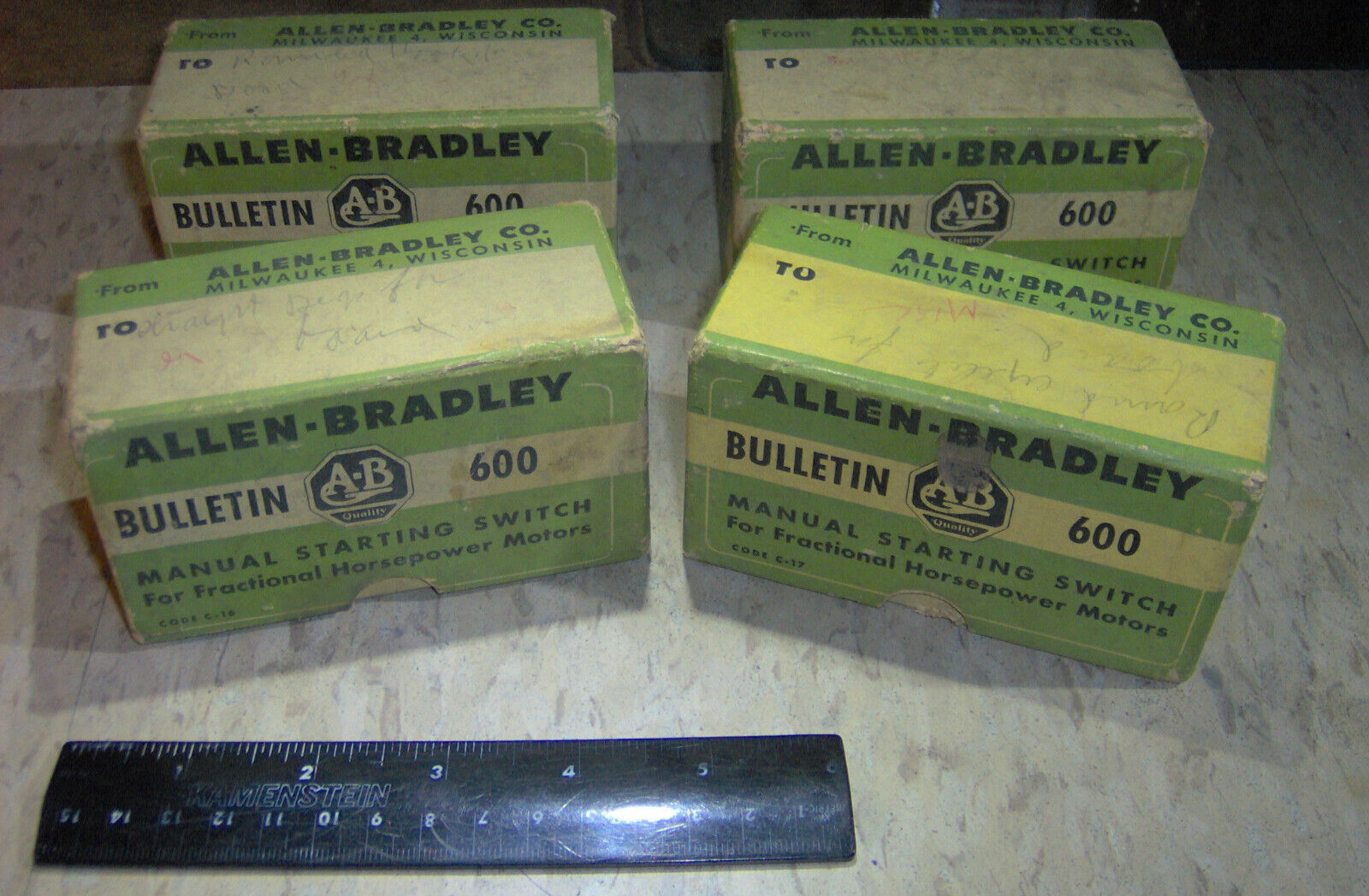 4 Vintage 1960s Cardboard BOXES Allen-Bradley Starting Switch Bulletin 600