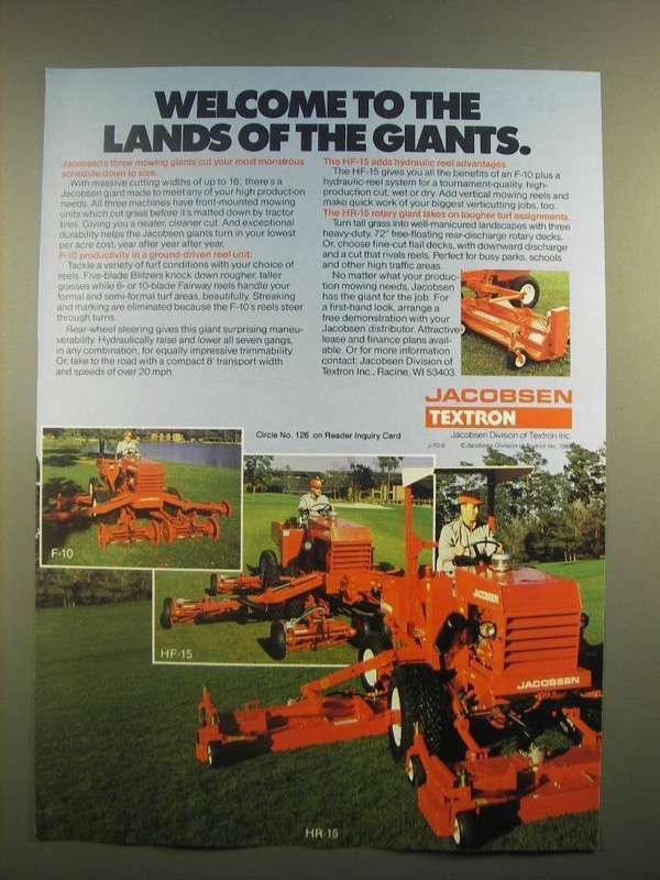 1988 Jacobsen Textron F-10, HF-15 and HR-15 Mowers Ad - Lands of Giants