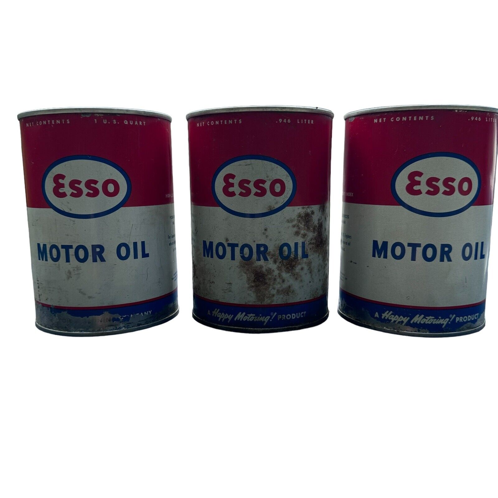 3 Vintage Old NOS Original Red Esso Motor Oil 1 U.S. One Quart Metal Tin Can USA
