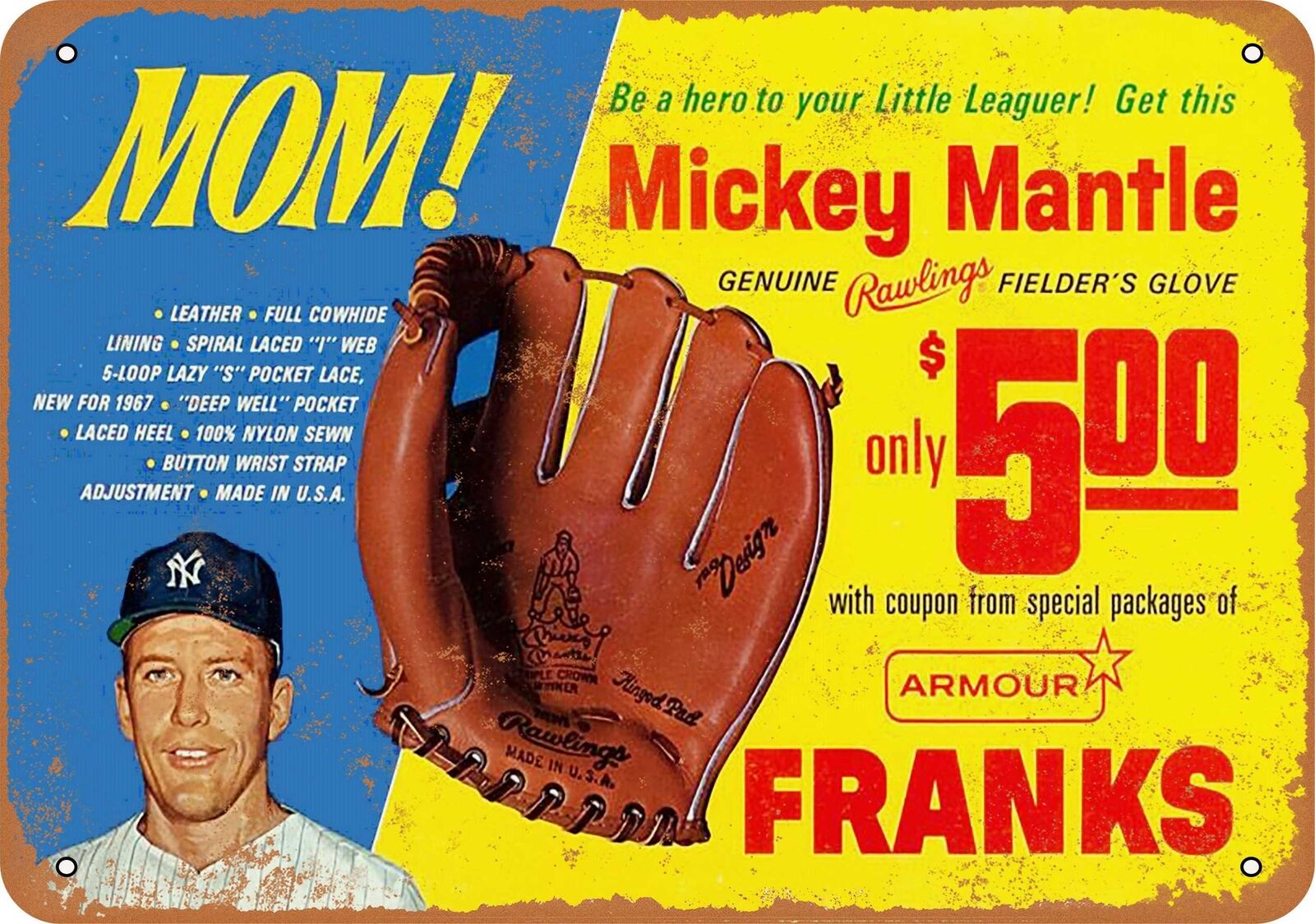 Metal Sign - 1967 Mickey Mantle Baseball Glove -- Vintage Look